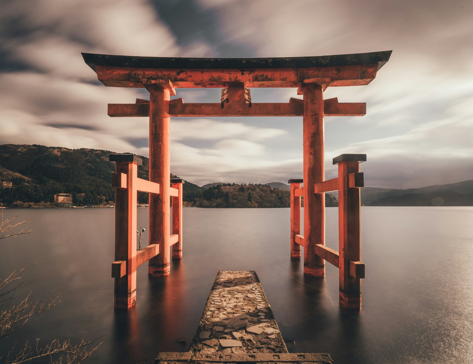The Hakone torii gate standing in the lake